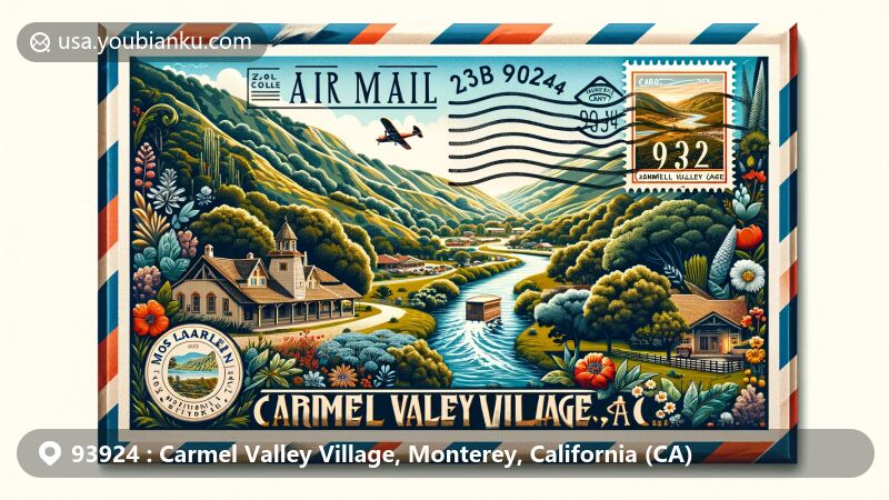 Modern illustration of Carmel Valley Village, Monterey County, California, featuring air mail envelope base with Garland Ranch Regional Park, Carmel River, Los Laureles Lodge, and Carmel Mission stamp.
