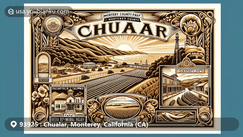 Modern illustration of Chualar, Monterey County, California, featuring vintage postal card with ZIP code 93925, showcasing local agriculture, Bracero Memorial Highway sign, 17-Mile Drive, Cannery Row, sea lions, and otters.