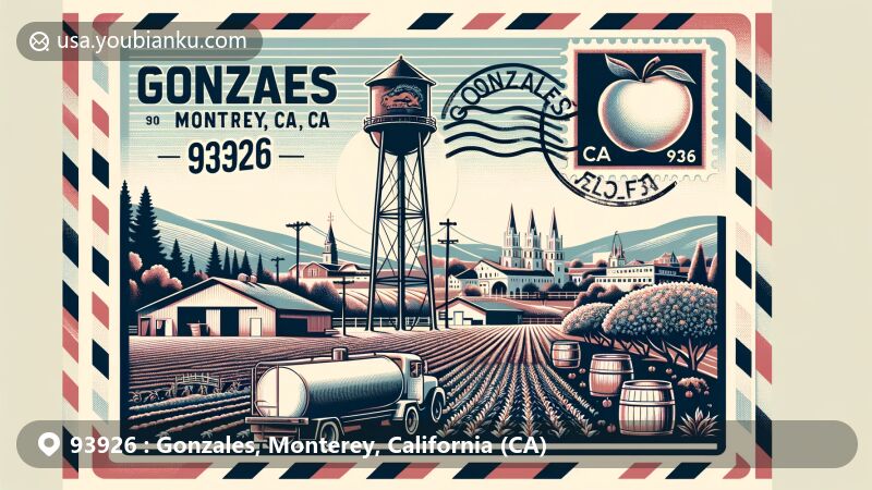 Modern illustration of Gonzales, Monterey, California, showcasing postal theme with ZIP code 93926, featuring iconic water tower symbolizing agricultural heritage and 'The Heart of the Salad Bowl' title.