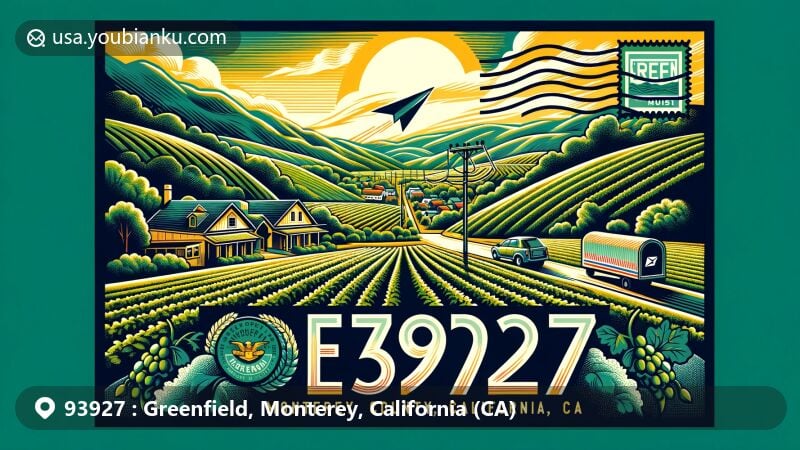 Modern illustration of Greenfield, Monterey County, California, capturing the scenic beauty of Salinas Valley with Santa Lucia mountain backdrop, showcasing vineyards symbolizing Central Coast wine region.
