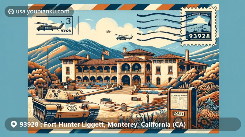 Modern illustration of Fort Hunter Liggett, Monterey County, California, highlighting postal theme with ZIP code 93928, featuring Historic Hacienda and military base elements.
