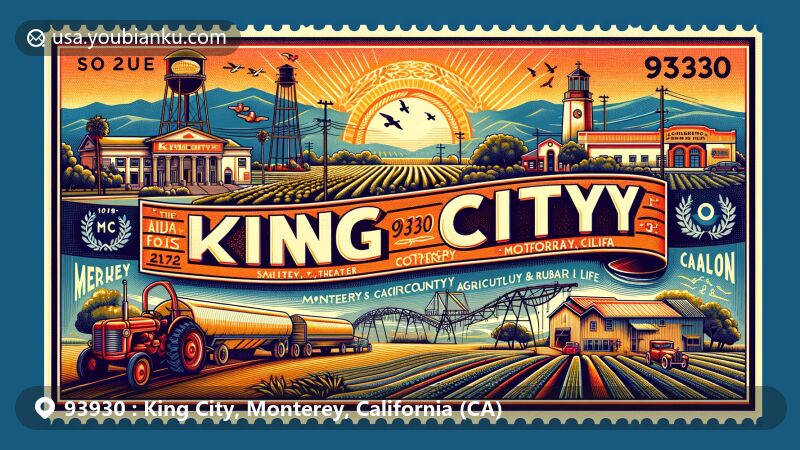 Contemporary illustration of King City, Monterey, California, showcasing its agricultural heritage with iconic landmarks including the Robert Stanton Theater and the Monterey County Agricultural & Rural Life Museum, set against the backdrop of Salinas Valley, resembling a modern postcard or air mail envelope design.