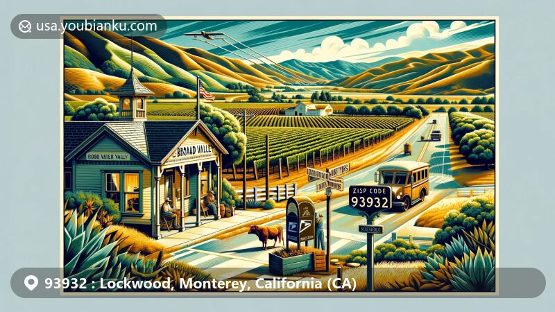 Modern illustration of Lockwood, Monterey, California, capturing the essence of the area with agricultural landscapes, vineyards, and coastal mountains. Featuring a historic post office, postal delivery scene, and a nod to Belva Lockwood. Reflecting the hot, dry climate and close-knit community vibe with Mediterranean vegetation.