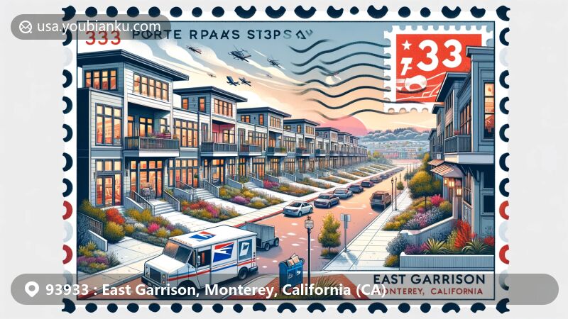 Modern illustration of East Garrison, Monterey County, California, featuring rowhouses facing a park with shopfront facades, historic World War II-era buildings transformed into art studios, and a postal theme with ZIP code 93933.