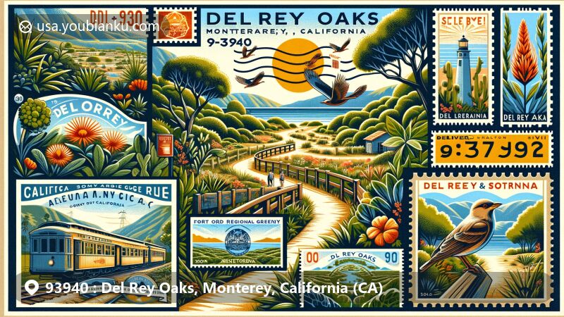 Modern illustration of Del Rey Oaks, Monterey County, California, highlighting ZIP code 93940, showcasing Mediterranean climate with sunny skies and lush greenery, featuring Fort Ord Regional Trail & Greenway and vintage air mail elements.