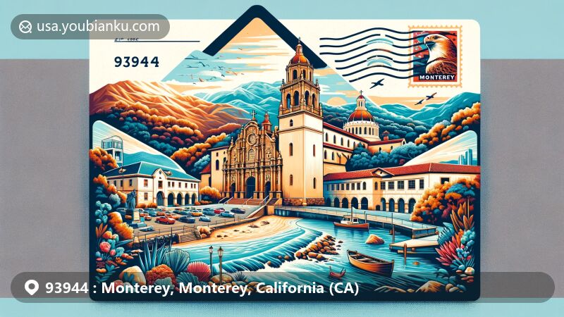 Modern illustration of Monterey, California, featuring San Carlos Cathedral and the Old Custom House, capturing the city's historical significance, coastal environment hints, and postal theme with ZIP code 93944 and 'Monterey, CA'.