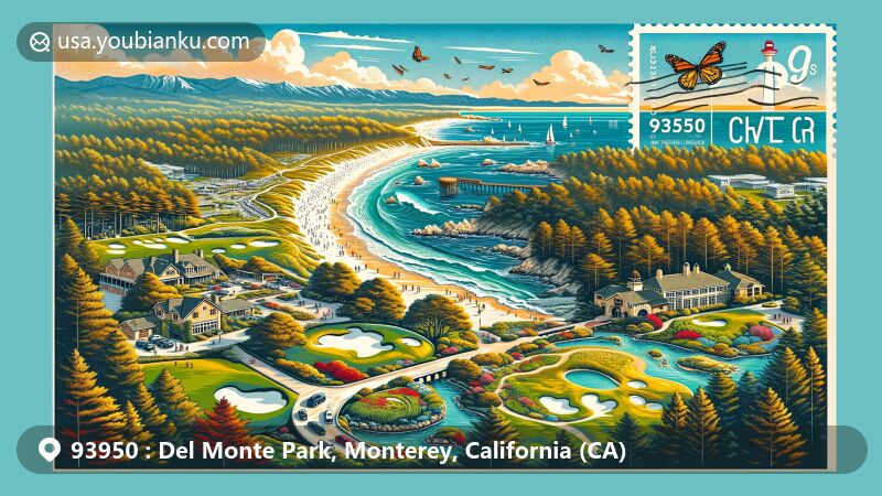 Modern illustration of Del Monte Park, Monterey, California, featuring 93950 ZIP code area designed as an aerial view postal card with iconic landmarks like Monterey Bay Aquarium, Pebble Beach, and Monarch Grove Butterfly Sanctuary.