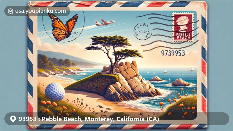 Modern illustration of Pebble Beach, Monterey, California, showcasing postal theme with ZIP code 93953, featuring Lone Cypress tree and 17-Mile Drive coast scenery.