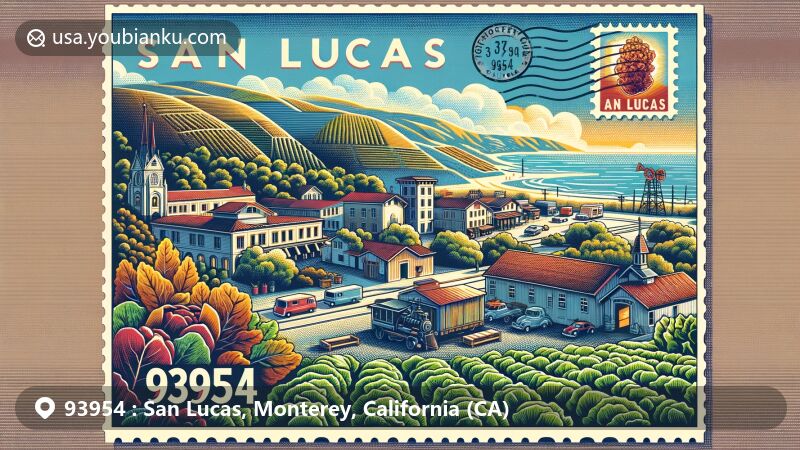 Modern illustration of San Lucas, Monterey County, California, capturing its warm-summer Mediterranean climate, viticulture in the San Lucas AVA, and historic charm, set against an agricultural landscape under a sunny sky with postal elements.