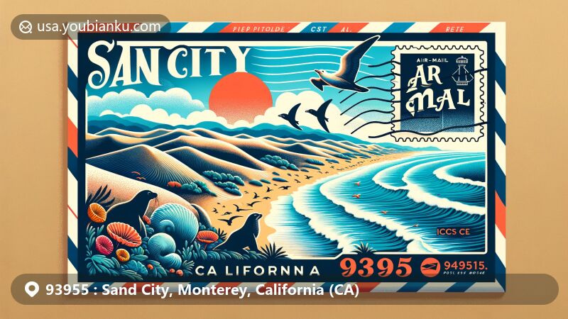 Modern illustration of Sand City, California, highlighting postal theme with ZIP code 93955, featuring expansive beaches, sand dunes, sea lions, and dolphins.