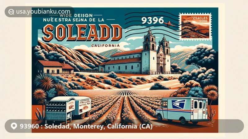 Creative postcard design for ZIP Code 93960, showcasing Soledad, California, featuring Nuestra Señora de la Soledad mission, surrounded by the natural beauty of Pinnacles National Park and vineyards symbolizing the Monterey wine region.
