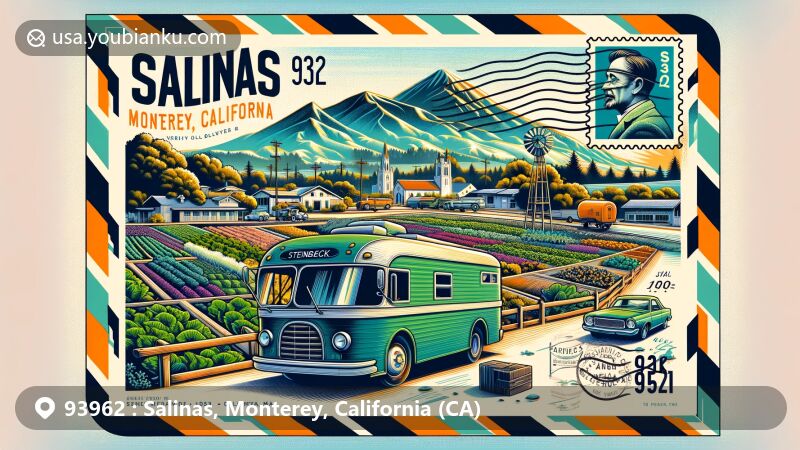 Modern illustration of the Salinas, Monterey, California area with ZIP code 93962, showcasing the agricultural richness of the Salinas Valley and John Steinbeck's literary legacy.