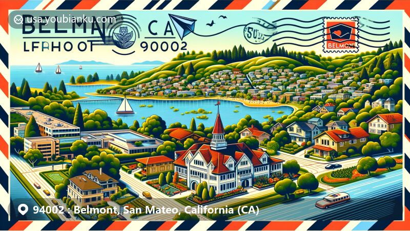 Modern illustration of Belmont, California, 94002, in San Mateo County, highlighting Ralston Hall, green hills, and views of San Francisco Bay, reflecting a quiet residential community vibe with a postal theme.