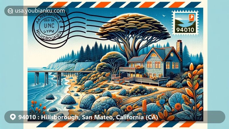 Modern illustration of Hillsborough, San Mateo County, California, with postal theme showcasing ZIP code 94010, featuring California oak woodlands, serpentinite outcrops, San Mateo woolly sunflower, and iconic Flintstone House.
