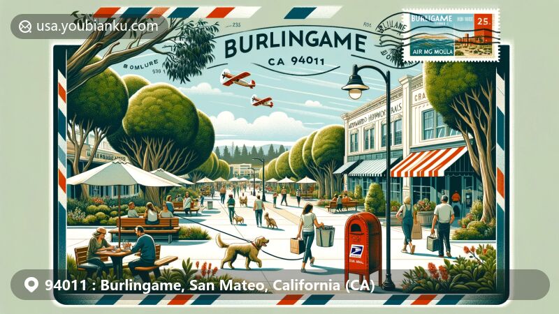 Modern illustration of Burlingame, California, featuring eucalyptus groves, Howard–Ralston Eucalyptus Tree Rows, and bustling shopping and dining scene along Burlingame and Broadway Avenues.