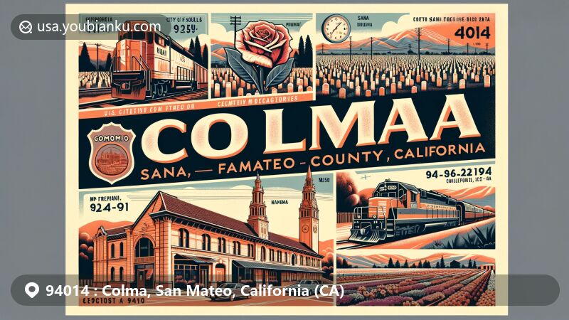 Modern illustration of Colma, San Mateo County, California, portraying the 'City of Souls' heritage with extensive graveyards relocated from San Francisco in the early 20th century. Featuring Spanish-Mediterranean architectural style common in Colma's commercial buildings, capturing the town's old-world charm.
