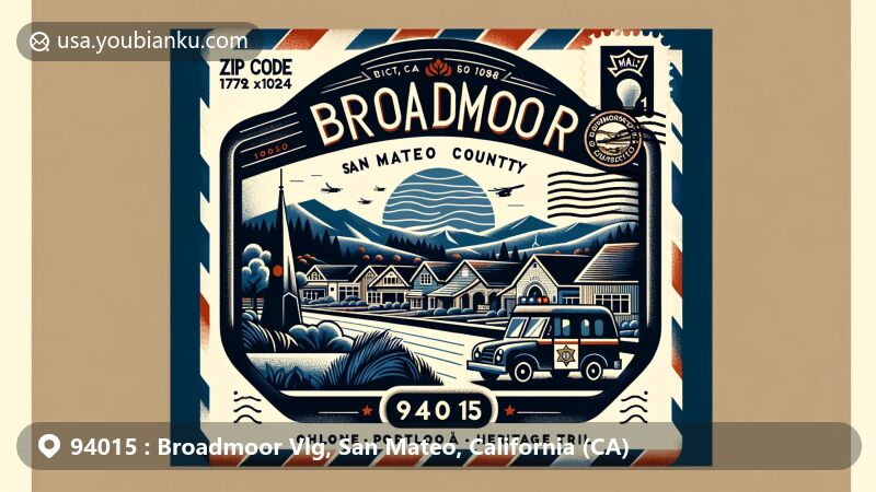 Modern illustration of Broadmoor Village, San Mateo County, California, highlighting the Broadmoor Police Department and community support since 1948, featuring the Ohlone-Portolá Heritage Trail, postal stamp, and ZIP Code 94015.