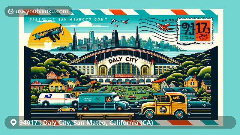 Modern illustration of Daly City, San Mateo County, California, featuring iconic San Francisco skyline and Cow Palace Arena, with postal theme showcasing ZIP code 94017 and California state symbols.
