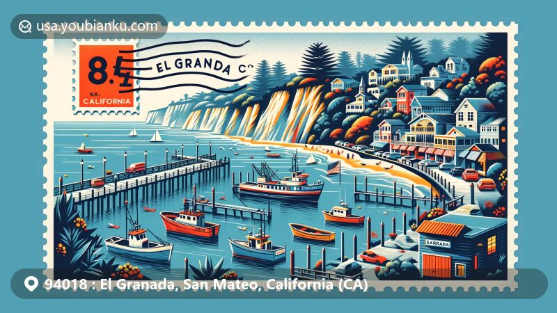 Vibrant illustration of El Granada, California, with ZIP code 94018, featuring Pillar Point Harbor with fishing boats and waterfront eateries, circular street layout by Daniel Burnham, postal themes, and natural beauty of the Pacific Ocean and cliffs.