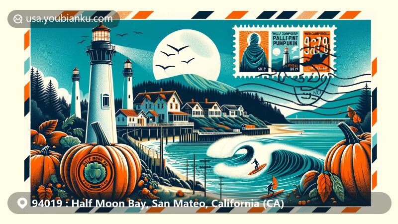 Modern illustration of Half Moon Bay, California, with ZIP code 94019, showcasing iconic crescent-shaped coastline and Pillar Point Harbor. Features surfer, Safeway World Championship Pumpkin Weigh-Off, and postcard motif with ZIP code stamp.