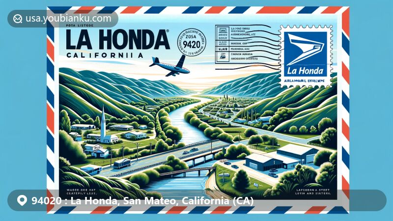 Modern illustration of La Honda, San Mateo County, California, featuring scenic landscape viewed from Highway 84, including La Honda Creek, with prominent ZIP code 94020 and town name La Honda.