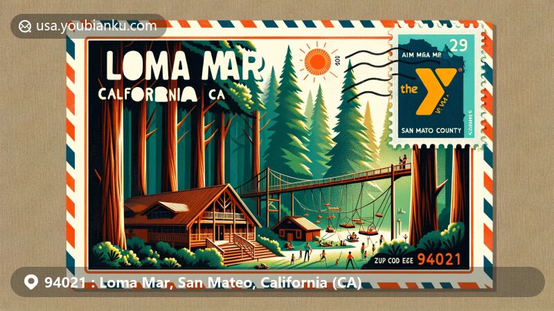 Modern illustration of Loma Mar, California, showcasing postal theme with ZIP code 94021, featuring redwood forests, YMCA Camp Loma Mar, outdoor activities, and San Mateo County outline.