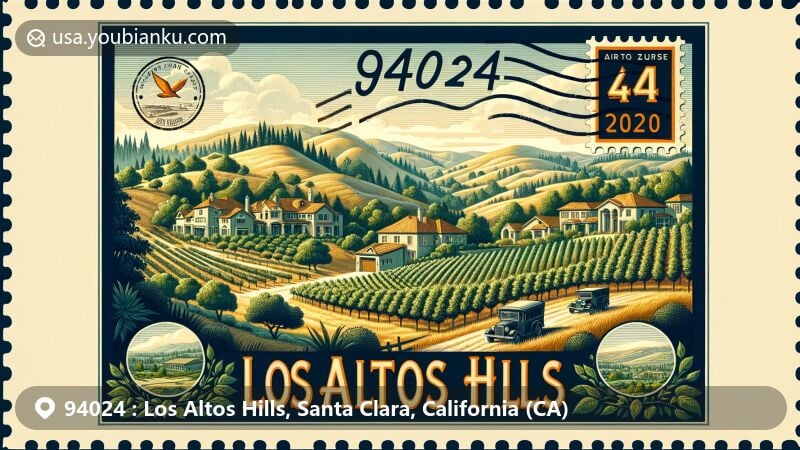 Modern illustration of Los Altos Hills, Santa Clara County, California, creatively blending rural and affluent elements with postal themes, featuring iconic rolling hills, large estates, and native California landscape, within a postal-themed border reminiscent of a vintage stamp, highlighting ZIP code 94024.