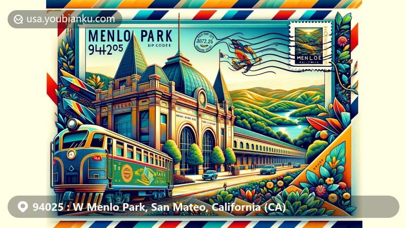 Modern illustration of Menlo Park, San Mateo County, California, featuring postal theme with ZIP code 94025, showcasing iconic landmarks like Menlo Park train station and lush green landscapes.