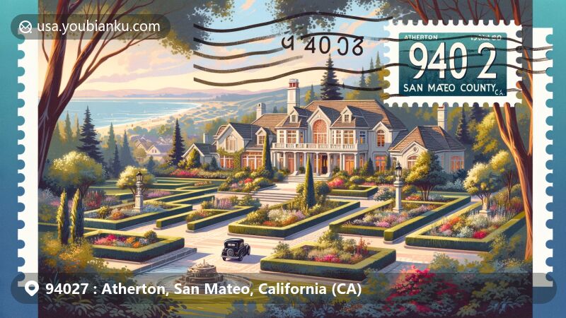 Modern illustration of Atherton, San Mateo County, California, showcasing the prestigious 94027 ZIP code area with a luxurious residence and tree-lined streets, paying tribute to local landmarks like Ralston Hall and the Portolá Journey's End.