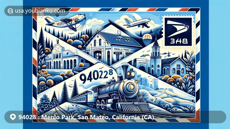 Modern illustration of Menlo Park, San Mateo County, California, with a creative postal theme centered around ZIP code 94028, featuring Menlo Park Railroad Station, Sanchez Adobe, tech sector elements, natural beauty, and California state symbols.
