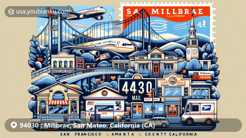 Modern illustration of Millbrae, San Mateo County, California, featuring key elements like San Francisco International Airport, downtown area, and transportation hub with BART, SamTrans, and Caltrain connections.