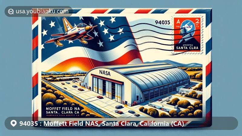Modern illustration of a special airmail envelope featuring Hangar One at Moffett Field NAS, Santa Clara, California, creatively integrating the California state flag and Santa Clara County outline, showcasing regional identity and pride, with clear display of '94035' and 'Moffett Field NAS, CA', and NASA Ames stamp in the corner.