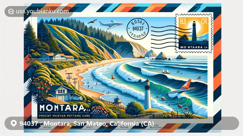 Modern illustration of Montara, California, showcasing sandstone cliffs of Montara State Beach, surfing waves, McNee Ranch State Park leading to Montara Mountain, and biodiversity like Hickman's potentilla, all within air mail envelope design with postal motifs.