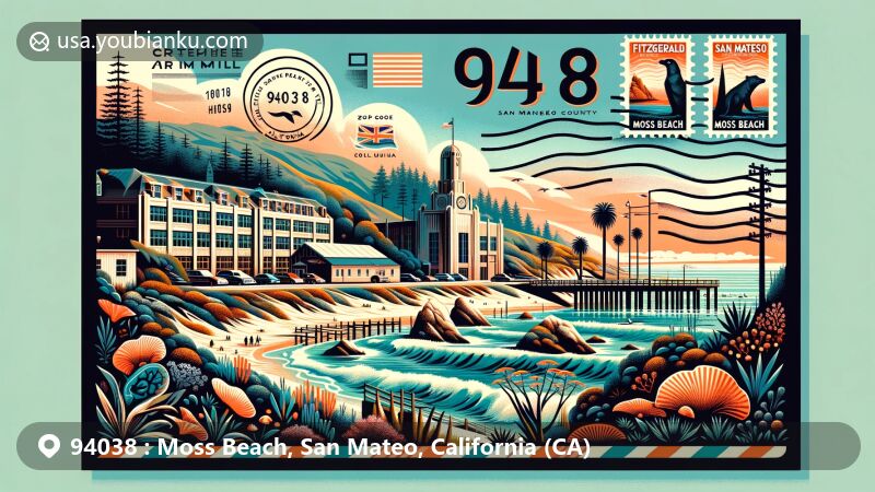 Creative illustration of Moss Beach, San Mateo County, California, inspired by ZIP Code 94038, depicting the Fitzgerald Marine Reserve, Moss Beach Distillery, and scenic coastal beauty.