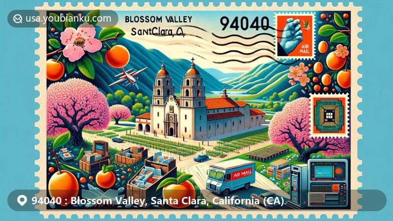 Modern illustration of Blossom Valley, Santa Clara, California, featuring Mission Santa Clara de Asis, fruit trees, prunes, and Silicon Valley symbols in a postal-themed setting.