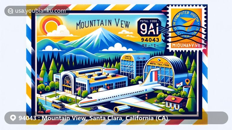 Modern illustration of Mountain View, California, showcasing Computer History Museum and Hangar One at Moffett Federal Airfield, with Santa Cruz Mountains in the backdrop, featuring a vintage-style stamp with Google logo and postal elements, highlighting ZIP code 94043.