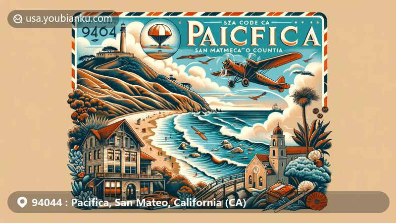 Modern illustration of zip code 94044 in Pacifica, San Mateo County, California, featuring coastal charm, popular landmarks, and postal themes like surfing hotspots, hiking sites, historical ruins, and cultural landmarks.