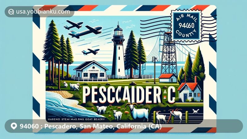 Modern illustration of Pescadero, San Mateo County, California, featuring iconic landmarks like Pigeon Point Lighthouse, Butano State Park redwood trees, and Bean Hollow State Beach pebble beach. Includes Harley Farms Goat Dairy goats and Pescadero Marsh wildlife silhouette, with 'Pescadero, CA 94060'. Merges elements with postal stamp mark, California state flag, and 'San Mateo County' in a bright, welcoming style.
