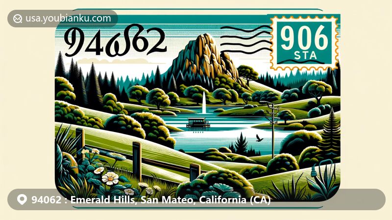 Modern illustration of Emerald Hills, San Mateo County, California, showcasing lush green landscape and iconic landmarks like Handley Rock Park and Emerald Lakes, with vintage postcard layout featuring ZIP code 94062.