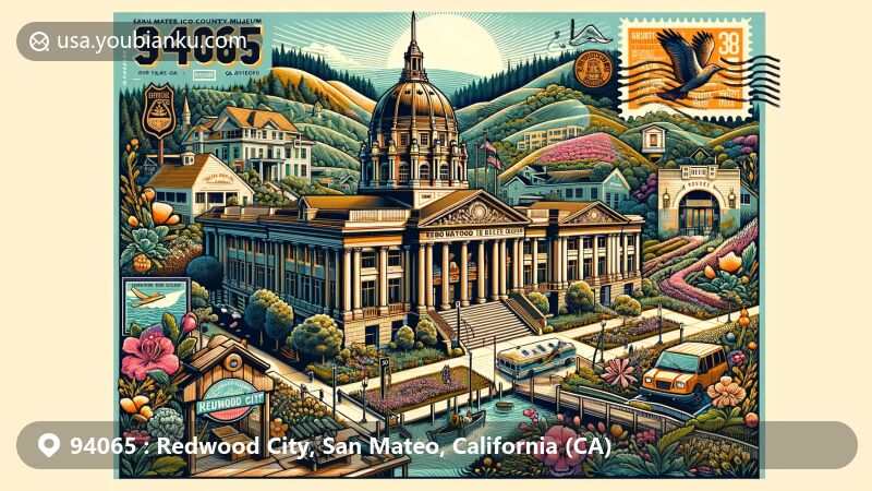 Modern illustration of Redwood City, San Mateo County, California, highlighting postal theme with ZIP code 94065, featuring San Mateo County History Museum, Edgewood Park Natural Preserve, Pulgas Water Temple, and Redwood Shores.