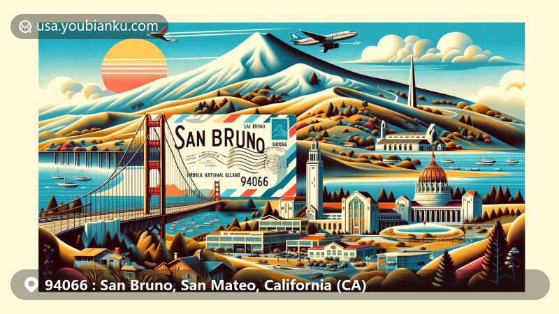 Modern illustration of San Bruno, California, transitioning from flat lowlands to hilly regions, symbolizing proximity to SFO and honoring Golden Gate National Cemetery, featuring vintage airmail theme with ZIP code 94066.','title':'Illustration of San Bruno, California, showcasing landscape transition and climate diversity, emphasizing SFO proximity, Golden Gate National Cemetery, and ZIP code 94066.