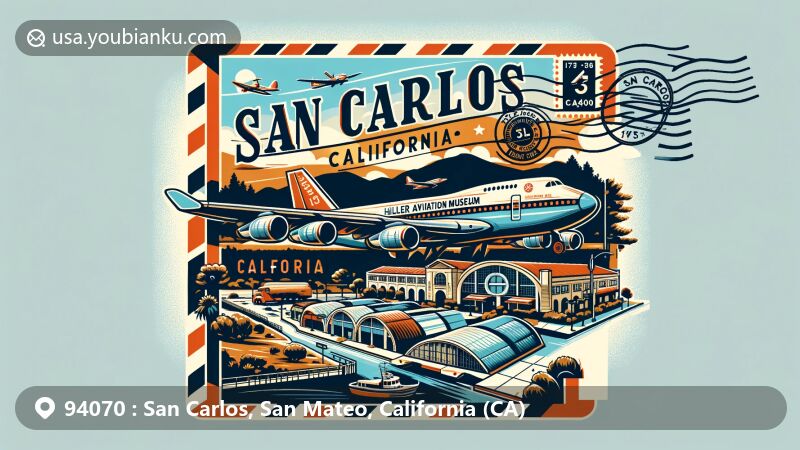 Modern illustration of San Carlos, California, featuring iconic exhibits from Hiller Aviation Museum and vintage airmail theme with postal cancellation mark 'San Carlos, CA 94070', California silhouette in the background.