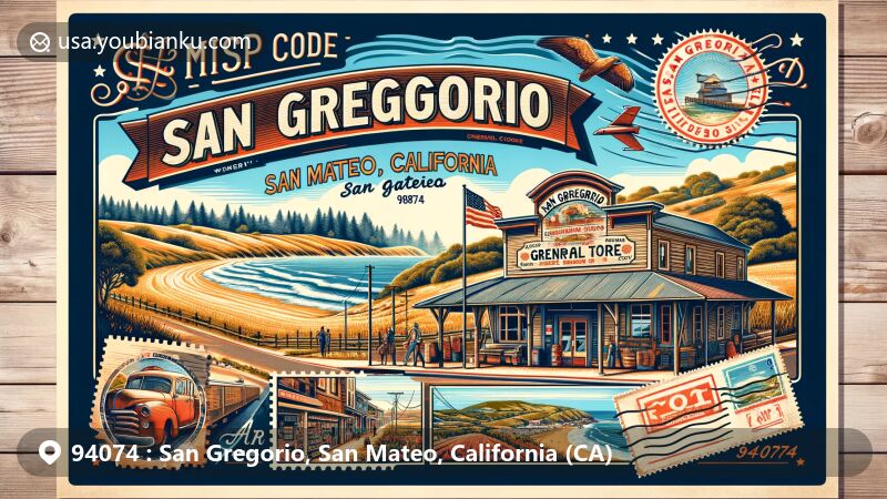 Modern illustration of San Gregorio, San Mateo County, California, depicting ZIP code 94074, with vintage postcard design showcasing San Gregorio General Store, State Beach, and rural beauty.
