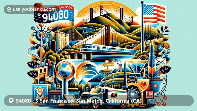 Modern illustration of South San Francisco, San Mateo County, California, featuring iconic hillside sign, biotechnology emblems, and San Francisco Bay; highlighting postal theme with vintage airmail elements and ZIP code 94080.