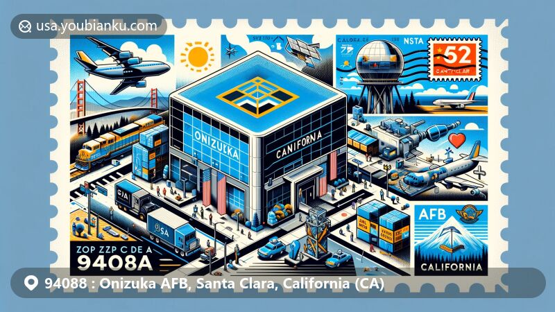 Modern illustration of Onizuka AFB, Santa Clara, California, featuring Blue Cube building and California state symbols in a postal theme, showcasing tech innovation and space operations in the 94088 ZIP code area.