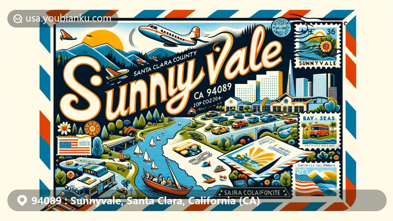 Creative illustration of Sunnyvale, Santa Clara County, California, capturing ZIP code 94089 in a postal-themed design, featuring Baylands Park, Seven Seas Park, and vibrant community life.