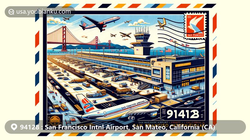 Modern illustration of San Francisco International Airport, San Mateo County, California, reflecting postal theme with ZIP code 94128, featuring iconic airport architecture and San Francisco landmarks.
