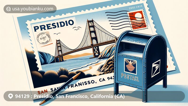 Modern illustration of the Presidio area in San Francisco, California, showcasing the iconic Golden Gate Bridge from the perspective of Presidio. Stylized postcard with a postmark displaying 'Presidio, San Francisco, CA 94129'.