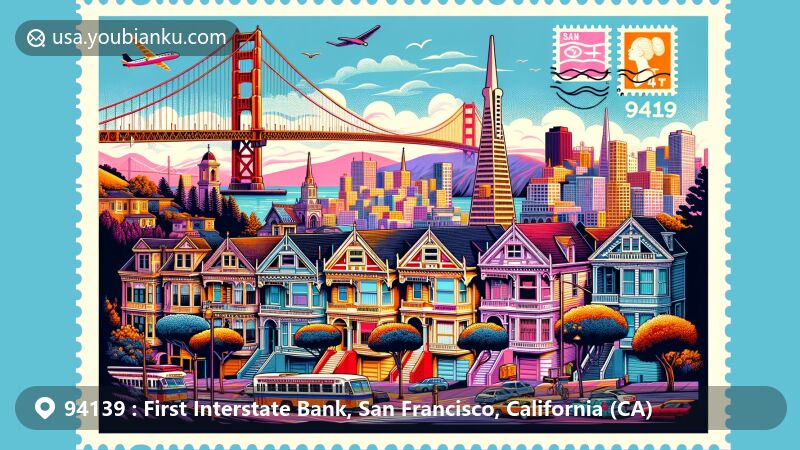 Modern illustration of vibrant San Francisco postcard with ZIP code 94139, featuring iconic landmarks like the Golden Gate Bridge, Painted Ladies, Grace Cathedral, San Francisco Opera House, Ghirardelli Square, Chinatown, Coit Tower, Palace of Fine Arts, Fisherman's Wharf, Transamerica Pyramid, Lombard Street, Baker Beach, and Fort Point National Historic Site, capturing the essence of the city's multiculturalism and beauty.