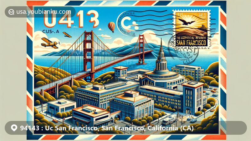 Modern illustration of UC San Francisco campus in San Francisco, California, celebrating postal code 94143 with Golden Gate Bridge, Mount Sutro, and Golden Gate Park in the background. Features airmail envelope with stamp and postmark for 94143 UC San Francisco.